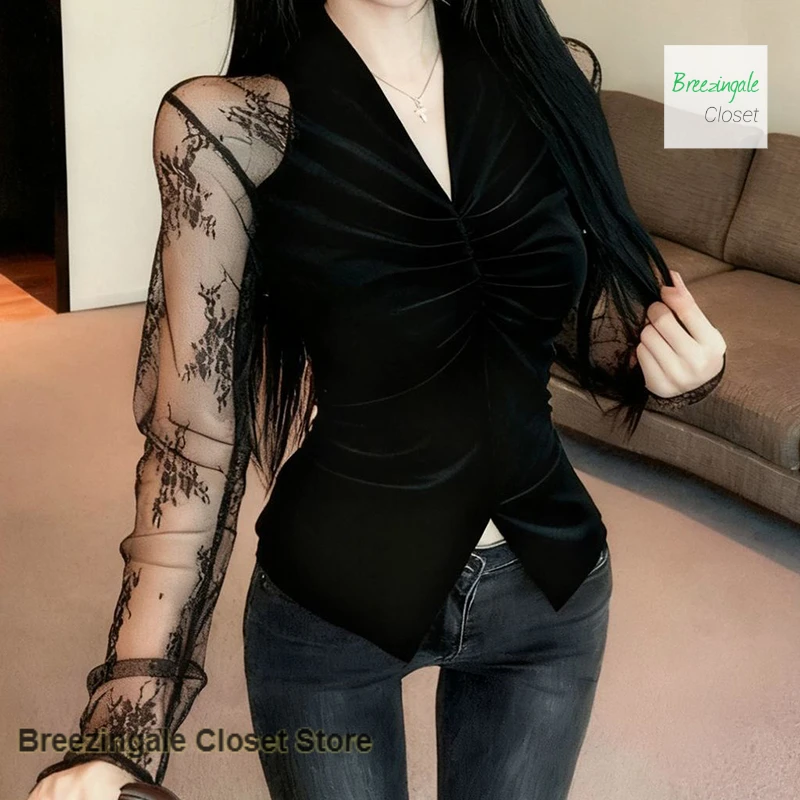 

French temperament V-neck lace stitching long sleeve velvet T-shirt women's spring and autumn slim bottoming shirt waist top