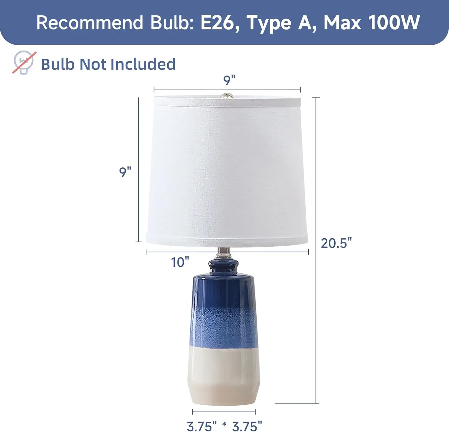Ensemble de 2 lampes de Table en céramique bleue avec abat-jour en baril blanc pour table de chevet, salon, chambre à coucher, décor côtier