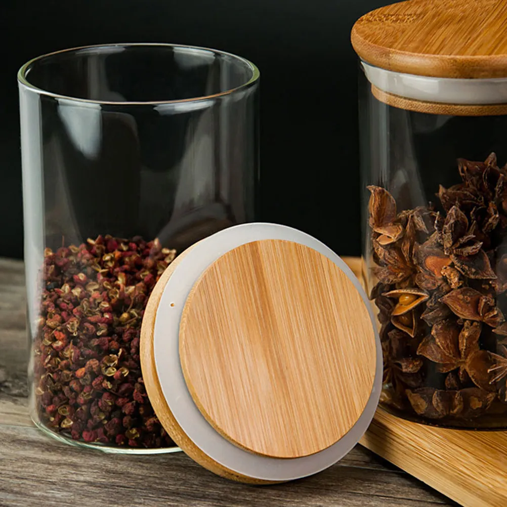 

1Set Glass Storage Jar Transparent Seasoning Bottle Bamboo Sealed Container Spice Holder Kitchen Organizer Covered Spice Jar
