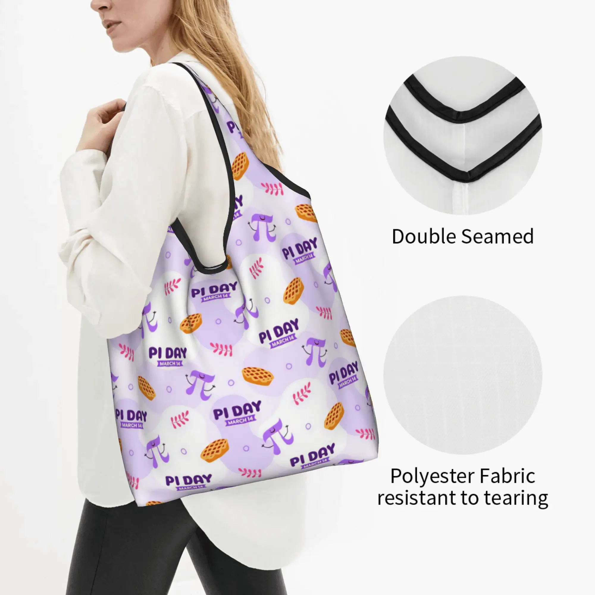 Math pi Day Seamless pattern Groceries Shopping Bag Kawaii Shopper Tote Shoulder Bags Large Capacity Portable  Handbag