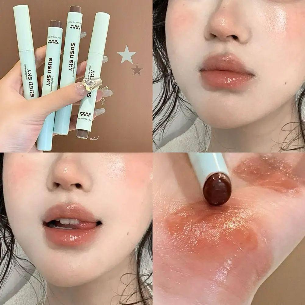 Brillo de labios sólido en barra, 4 colores, brillo de vidrio no pegajoso, bálsamo labial, agua hidratante, lápiz labial ligero, tinte, maquillaje de aspecto Natural