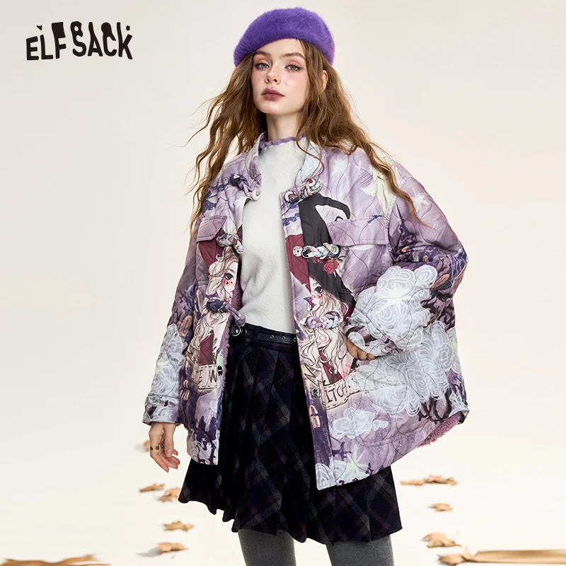 

ELFSACK 2024 Winter New Arrivals Original full print with buttons, plush and thick cotton coat for women, loose and simple