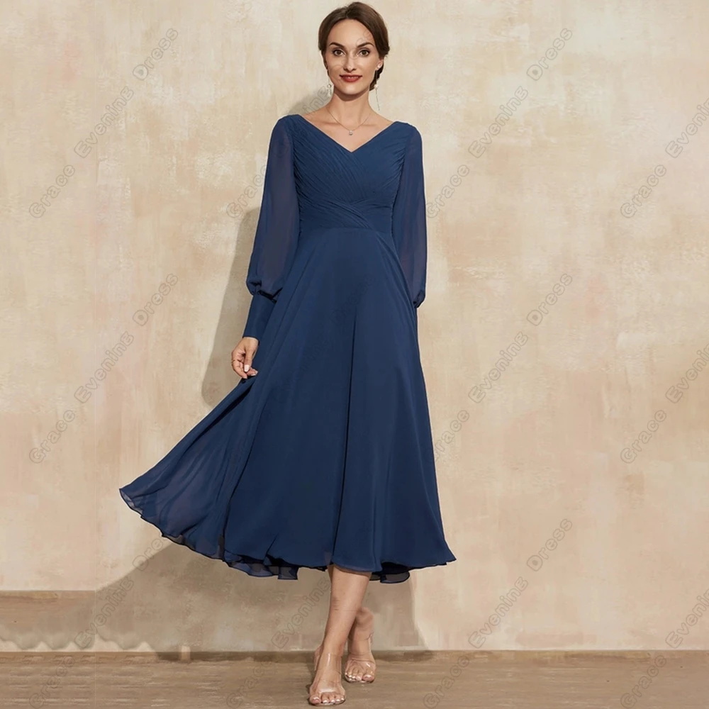 

Simple Strapless Mother of Bride Dresses for Women Chiffon Full Sleeve Wedding Party Dresses Tea Length Robe De Soirée 2023