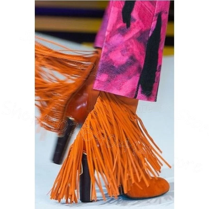 

Orange Tassels Design Round Toe Ankle Boots Back Zipper Women Shoes Chunky High Heels New Party Runway 2025 Zapatos Para Mujere