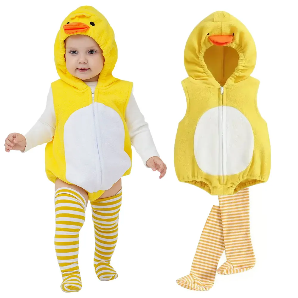 Umorden 0-18M Unisex patito amarillo bebé pato disfraz con capucha mono mameluco medias 2 unids/set sin mangas Halloween Purim