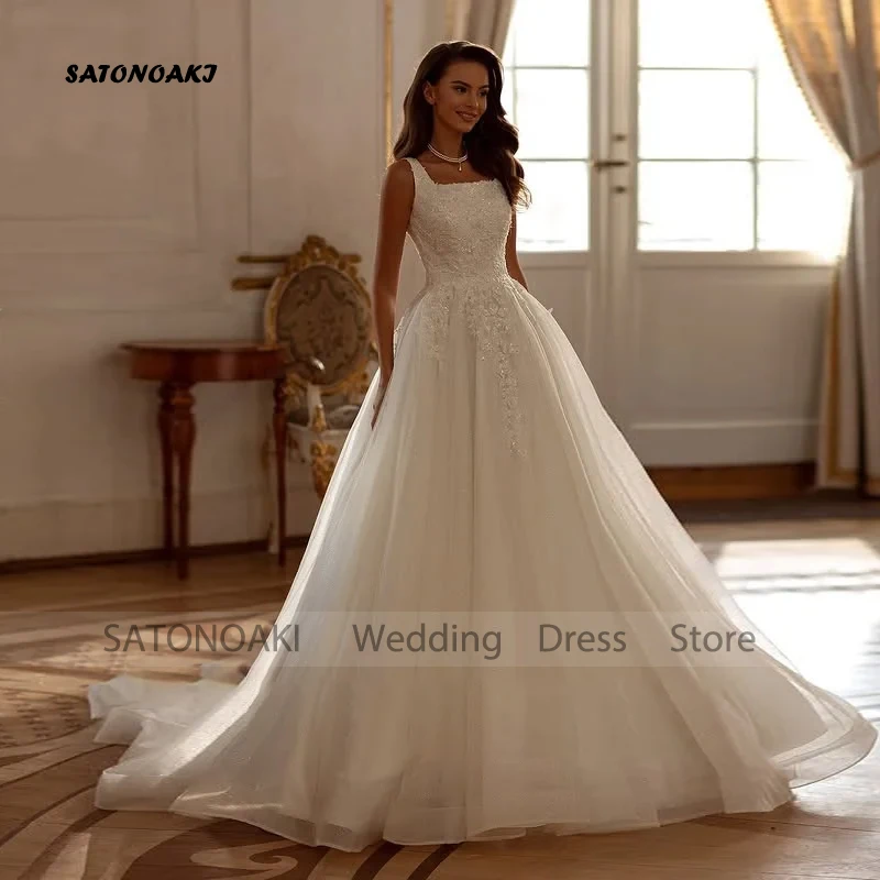 

Customized Elegant Appliques Square Collar Lace Wedding Dress for Women A-Line Lace-up Sweep Train Bride Gown Vestidos De Novia