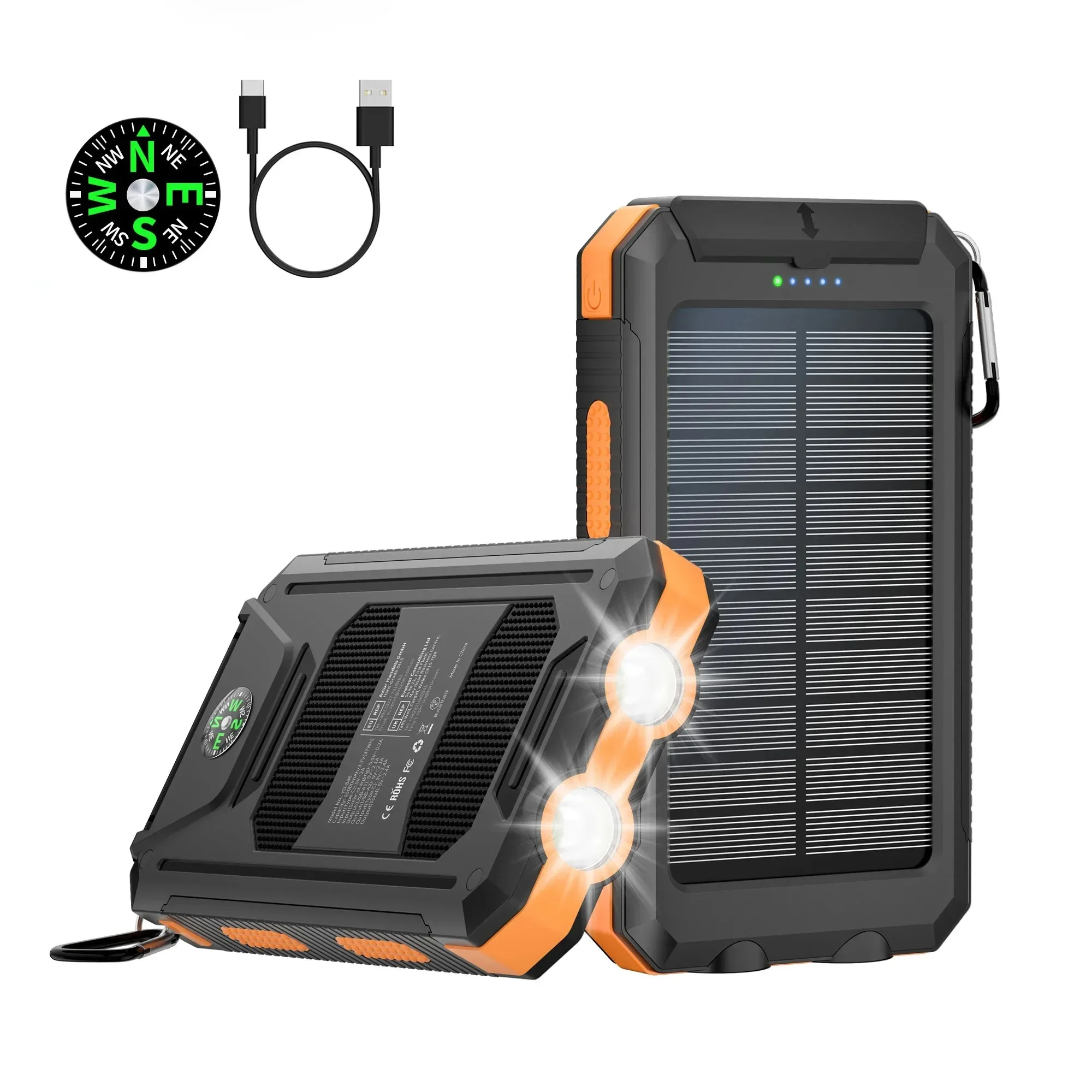 10000mAh Solar Power Bank Outdoor Camping Portable Fast Charger Power Bank Waterproof External Battery Charging with LED Light