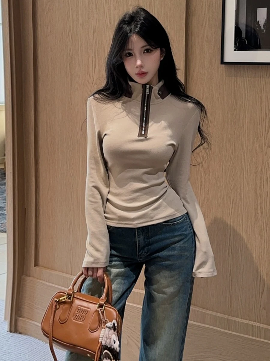 Slim Fit Long Sleeve T-Shirt Zipper Collar Design Korean Style Fashionable Versatile Weight Loss Effect Women's Top
