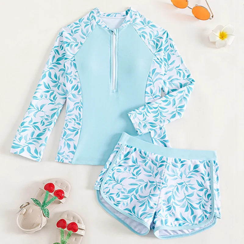 2026 New Kids Separate Swimsuit Boys Girls Printed Beach Clothing Children Zipper Long-Sleeve Quick-Dry Separate Swimwear 8-11Y