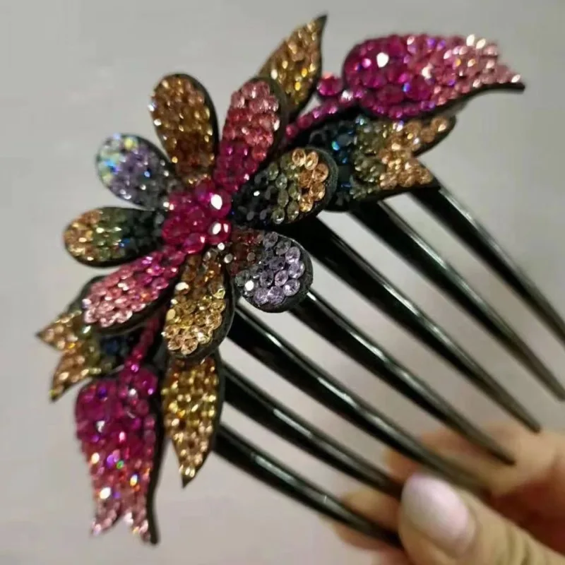 Fashion Inserted Comb Zircon Flower Hair Accessories for Women Retro Elegant Seven Tooth Hairpin Headwear Mom Jewelry Tiara Gift