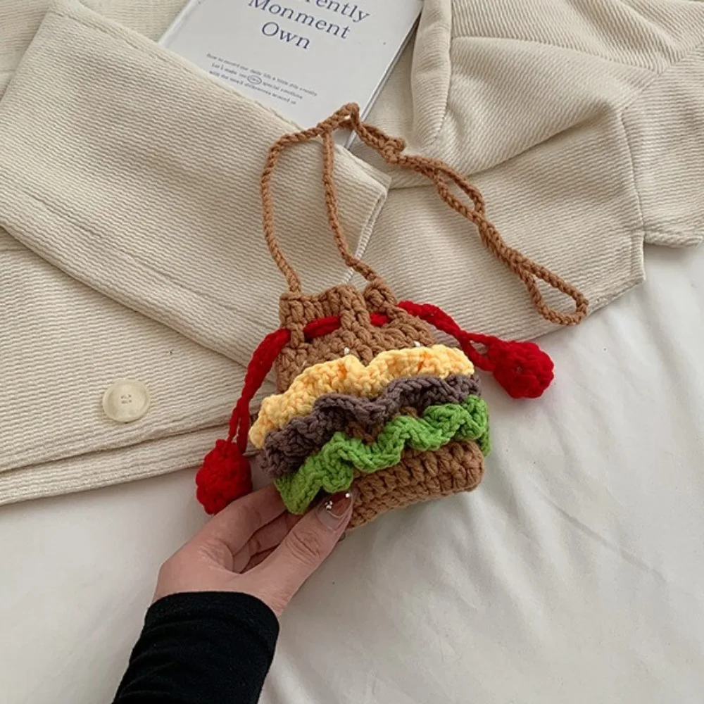 Knitted Hamburger Shoulder Bag Finished Product Cute Crochet Crossbody Bag Styling Accessories Cartoon Headphone Storage Bag