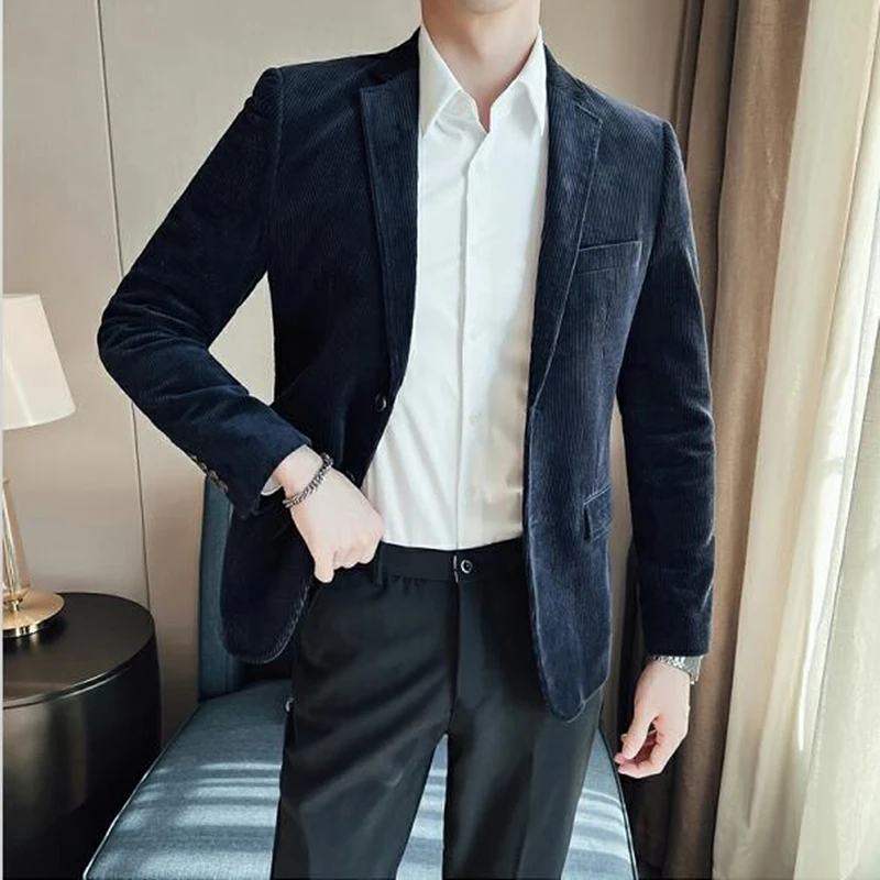 

Casual Corduroy Blazer for Men with Notch Lapel Single Breasted Jacket for Dinner Party Slim Fit Smoking Suit Coat for Wedding