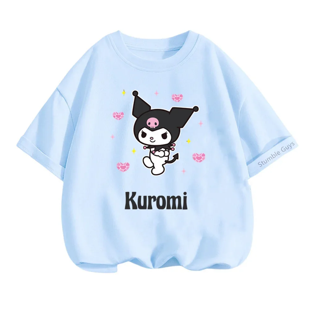 

Модная футболка Sanrio Kawaii Kuromi для детей от 3 до 14 лет, летняя повседневная одежда с короткими рукавами для мальчиков и девочек
