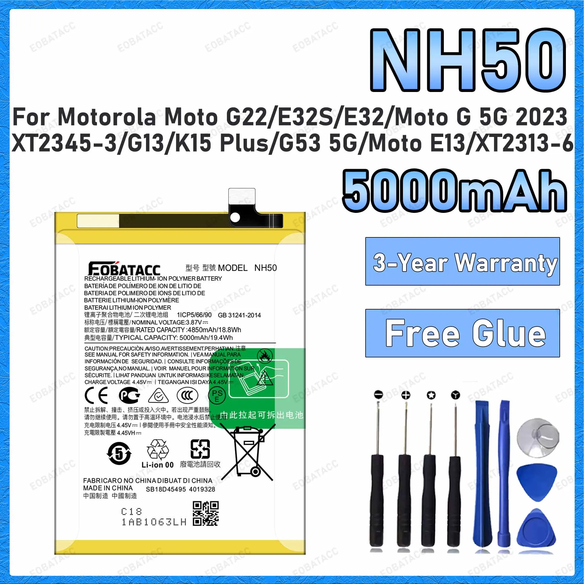 100% New High Quality 5000mAh NH50 Battery For Motorola Moto G22/E32S/E32/Moto G 5G 2023/G13/K15 Plus Batteries+Free Tools