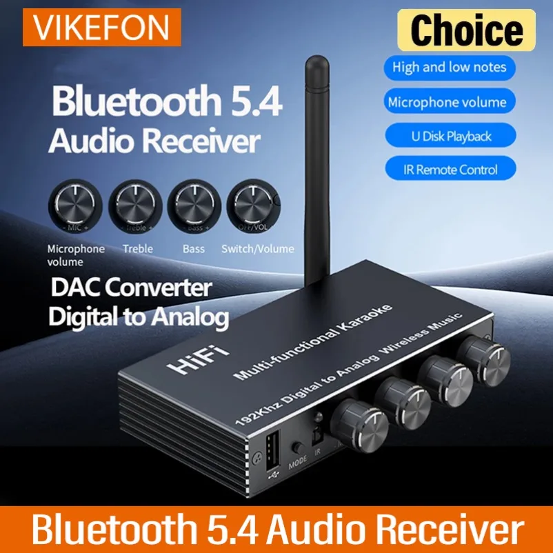 VIKEFON Bluetooth 5.4 Audio Receiver DAC AUX RCA USB Coaxial Optical 6.5MM Microphone Karaoke Hifi Stereo DSP Wireless Adapter