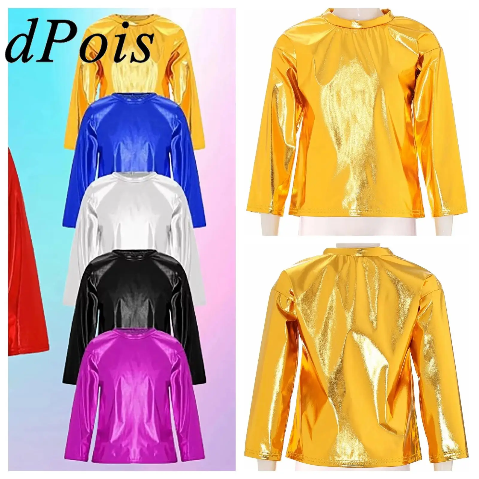 

Детские топы для джазовых танцев, танцевальная одежда для выступлений на сцене, детские модные блестящие футболки цвета металлик для мальчиков и девочек, топ с длинными рукавами в стиле хип-хоп