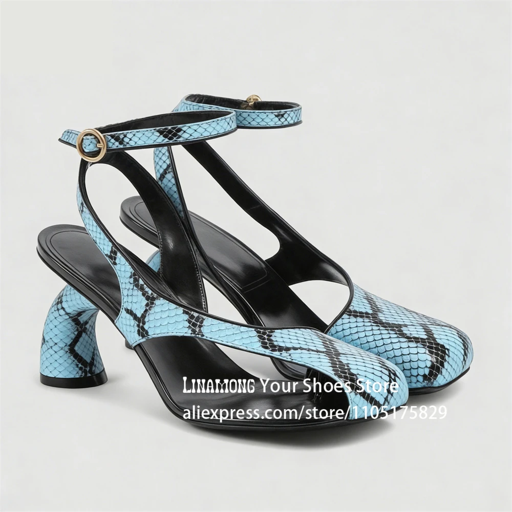 

Сандалии из искусственной кожи с эффектом змеиной кожи, асимметричный носок, изогнутый каблук, летняя обувь, дизайнерский стиль, ручная работа, высокие каблуки для женщин