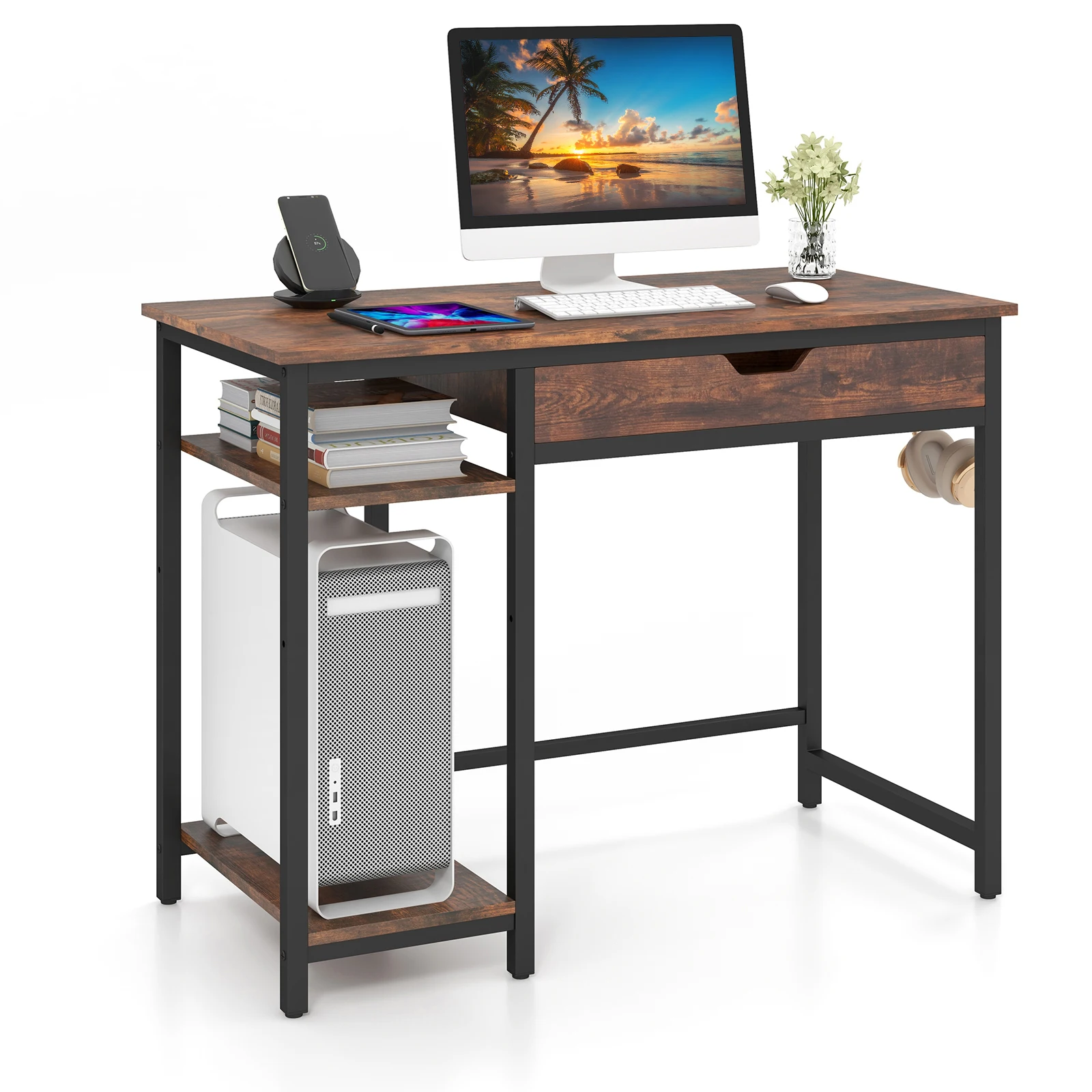 Desk, small computer table with drawer & adjustable shelf, PC table with headphones hook, office table for home office