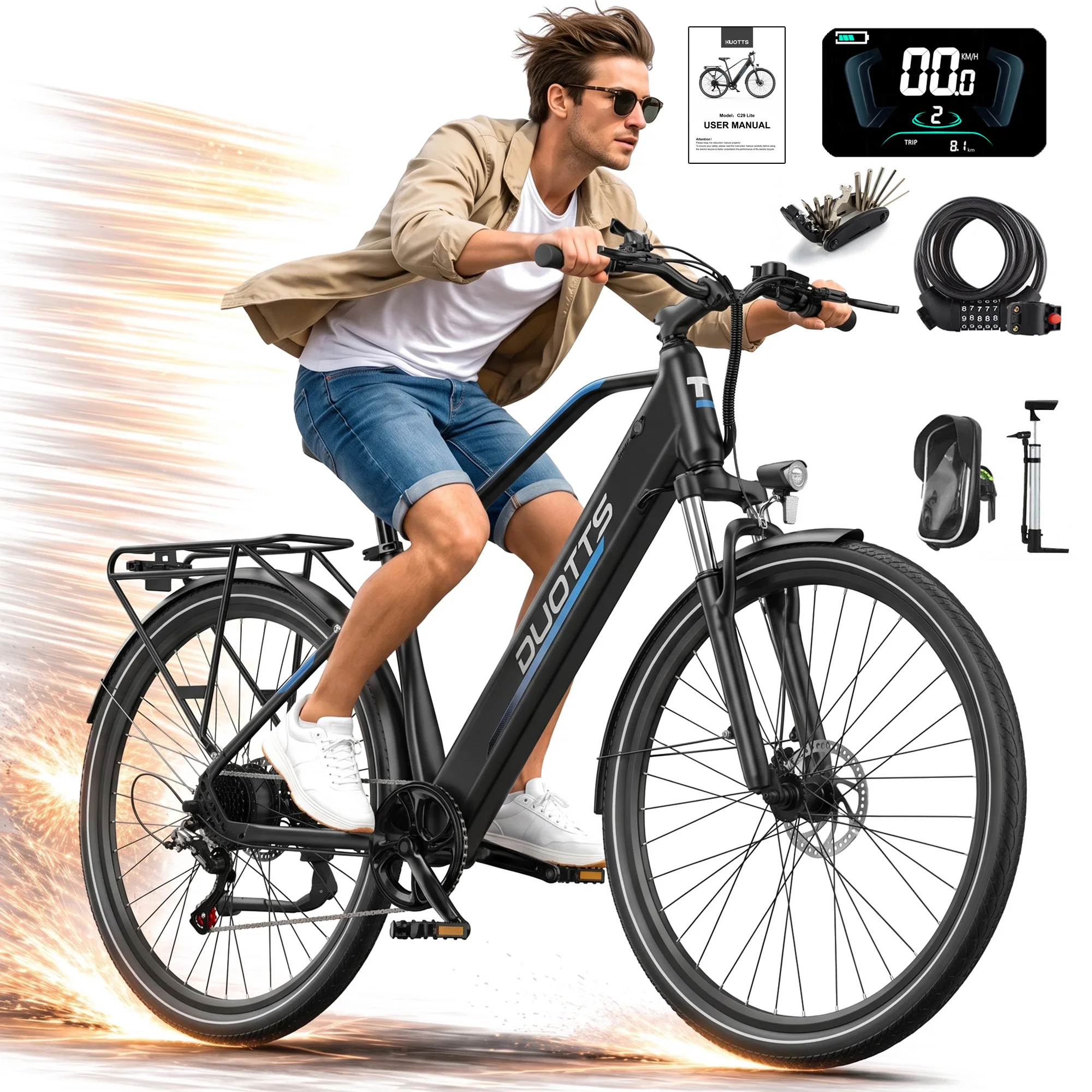 Bicicleta eléctrica DUOTTS C29 Lite de 27,5 pulgadas, con motor de 250 W, batería de 36 V y 13 Ah, capacidad de carga de 150 kg, par de 43