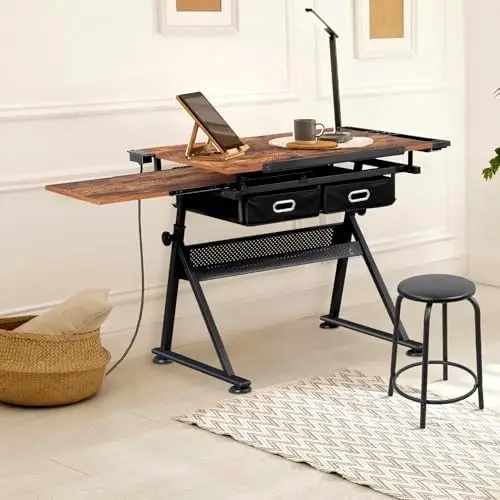 Adjustable Drafting Table with Stool, Tilting Drawing Desk Artist Table with Storage Drawers, Art Craft Workstation for view 2
