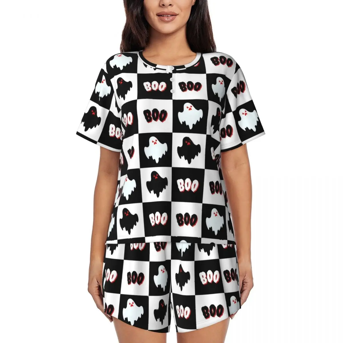 

Женские пижамы BOO Ghost, милый домашний костюм Kawaii на Хэллоуин, повседневные пижамные комплекты с короткими рукавами из 2 предметов, домашние пижамные комплекты с круглым вырезом и принтом