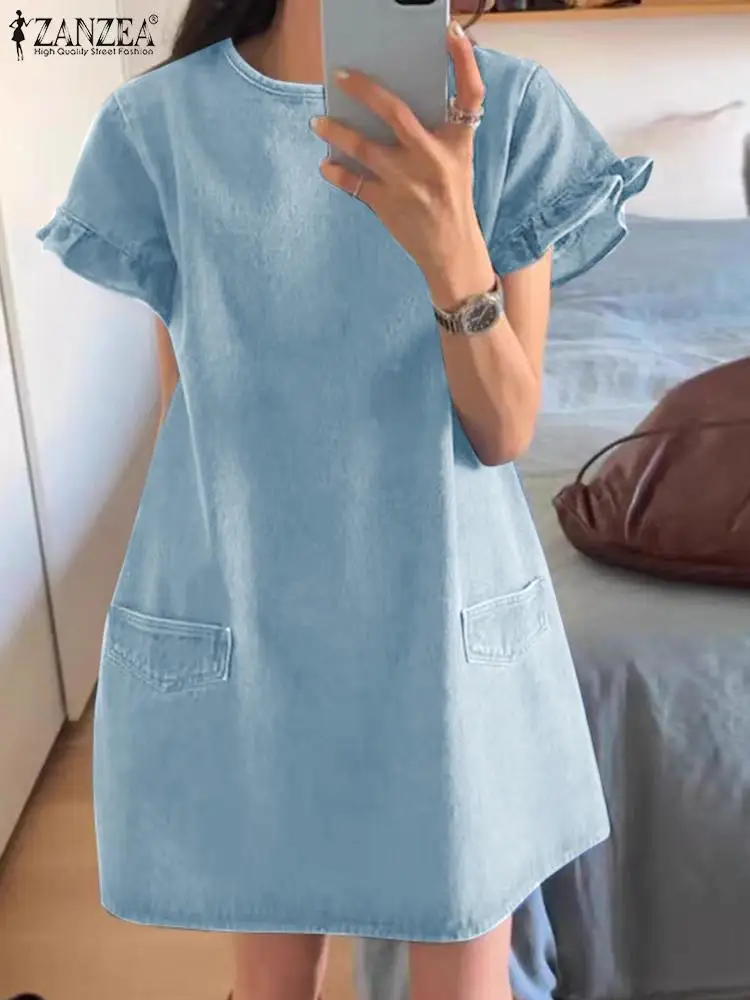 ZANZEA damska dżinsowa Mini sukienka moda letnia wzburzona sukienka letnia z krótkim rękawem Casual luźne sukienki z kieszeniami 2024 Vintage