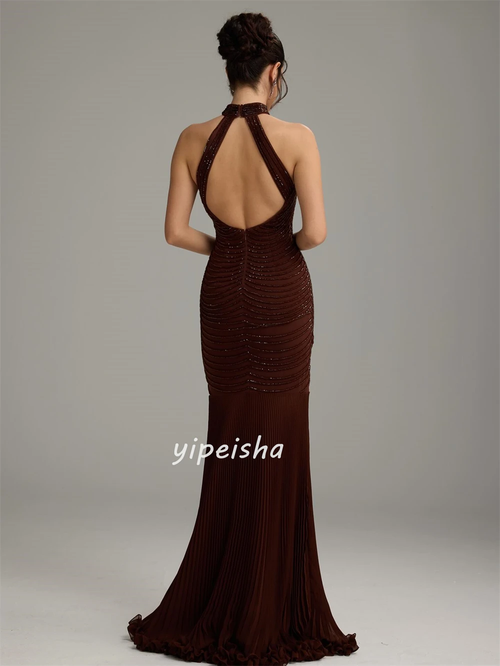 맞춤형 우아하고 정교한 쉬폰 비딩 주름 장식 머메이드 하이 칼라 롱 드레스 이브닝 드레스 다양한 사이즈 제공