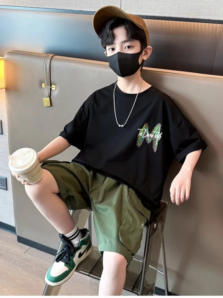 Summer Boy Clothes Set Teenage Letter Printed Casual T-shirts and Shorts 2pcs Suit Kid Short Sleeve Top Bottom Fashion Outfits