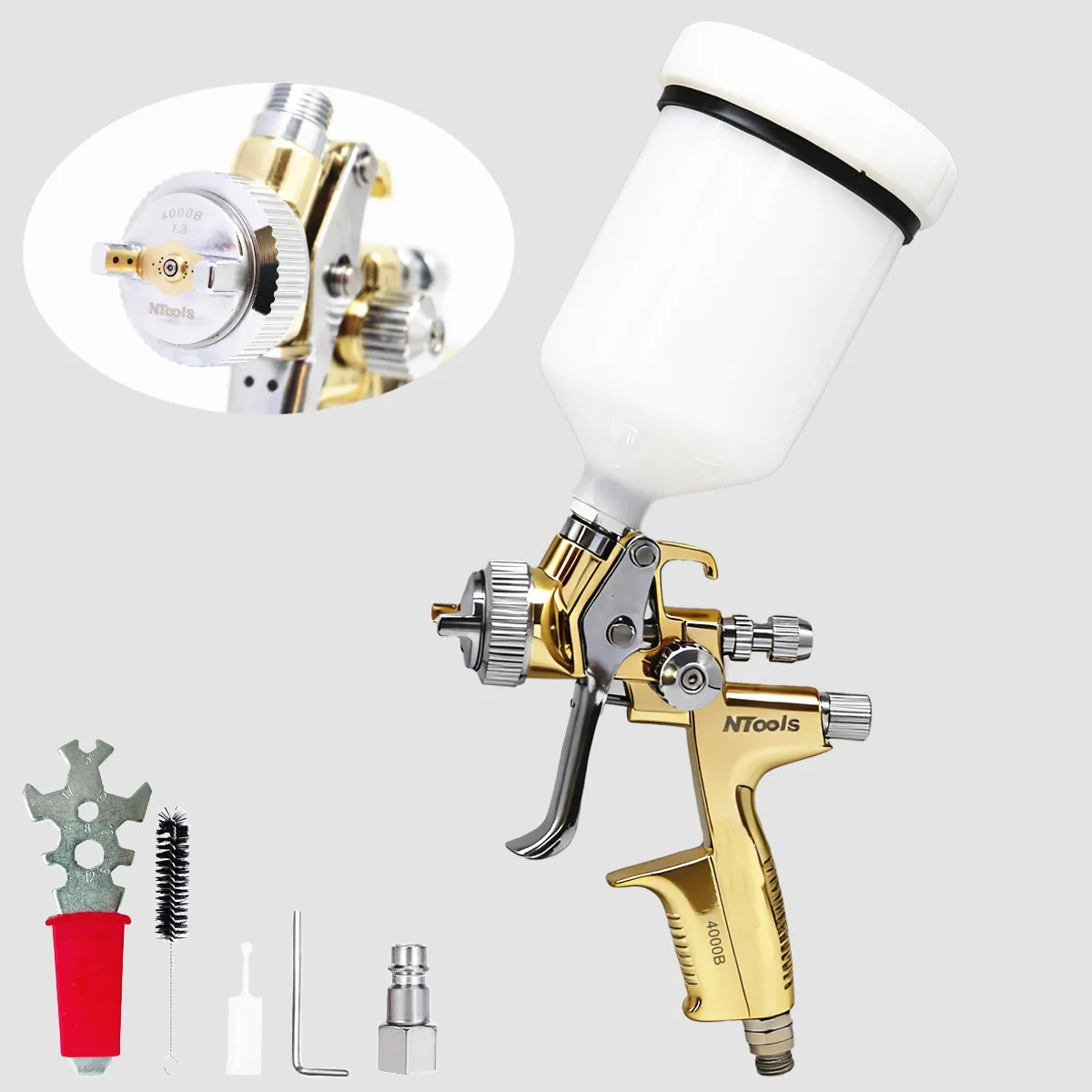 NTOOLS Pneumatic Spray Gun 1.3mm Stainless Steel Spray Nozzle 600ml Pot Car Furniture Spray Paint Clear Atomization