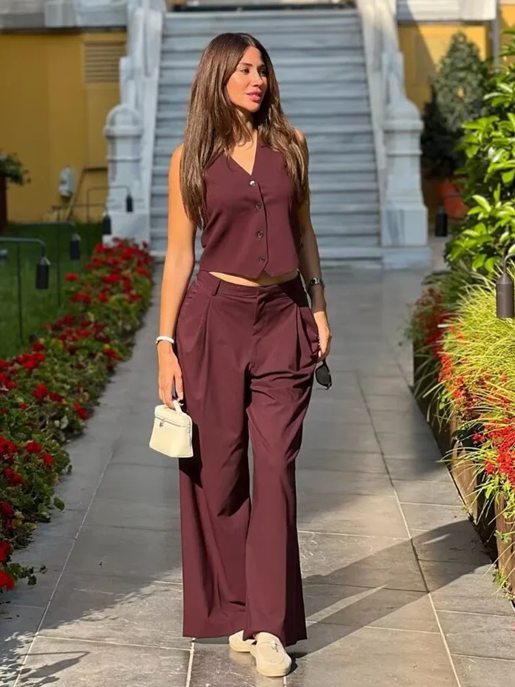 Foridol Burgundy Vest+pants Set Outfits Women Autumn Winter Casual Matching Set 2024 Chic Trends Color Wide Leg Pant Suit