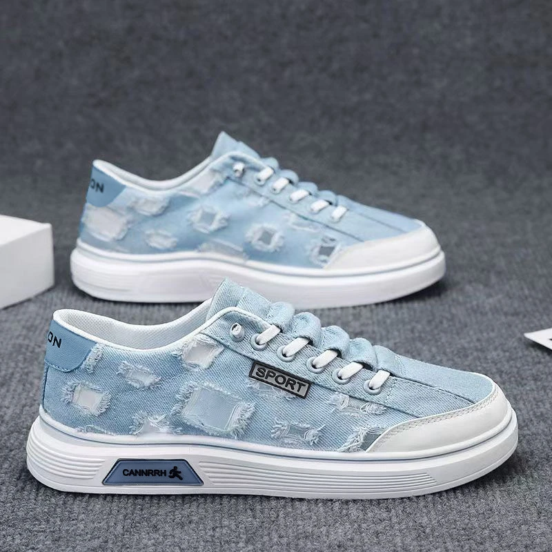 New Blue Distressed Ripped Denim Sneakers Men's Slip On Canvas Shoes Man Niche Plimsolls Low Top Casual Skate Sneakers Male Shoe