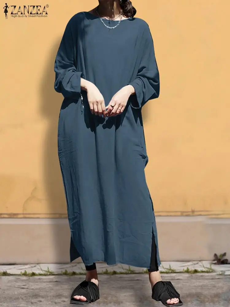 

ZANZEA Fashion Split Hem Vestidos Autumn Women O Neck Long Sleeve Sundress Robe Femme Casual Work Kaftan Dress Oversize 2022