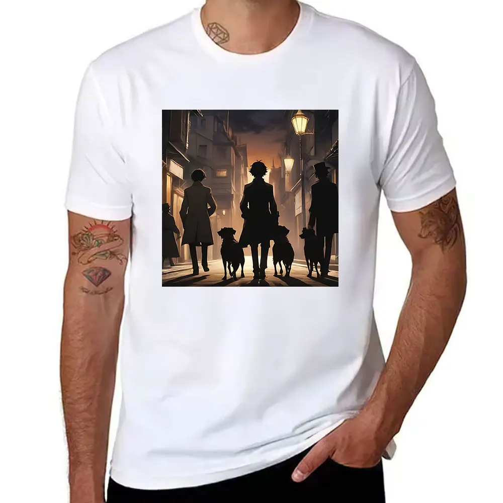 Men's Cotton Short Sleeve T-Shirt, Vintage London Alley Detective & Dog Print Casual Tee for Daily Wear
