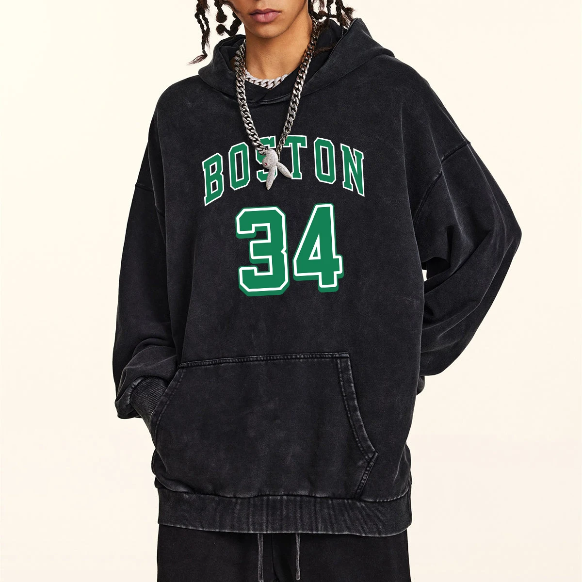 

America Boston No.34 Green Letter Hoodie Men America Retro Washed Hoodies Soft Comfort Cotton Pullover Sports Shirt Hoody Tops