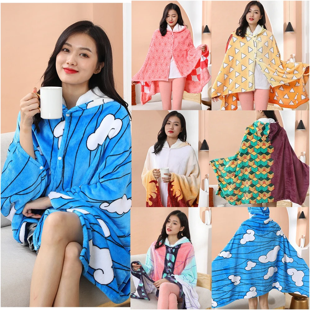 

Adult Kids Kamado Tanjirou Cosplay Blanket Shawl Anime Kamado Nezuko Throw Wearable Blanket Winter Flannel Warm Halloween Cloaks