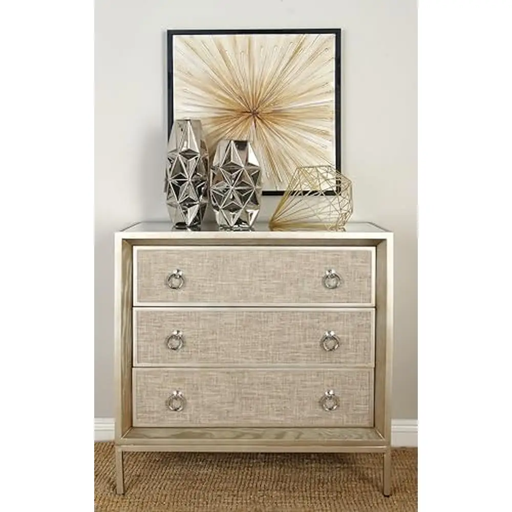 Beige Wooden Storage Cabinet Mirrored Top 3 Drawer Chest with Ring Handles 32"x16"x32