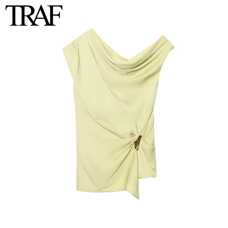 TRAF-Top con textura satinada para Mujer, moda de verano, novedad, blusa con nudo asimétrico, ropa de calle, chaleco, camisetas sin mangas elegantes para Mujer