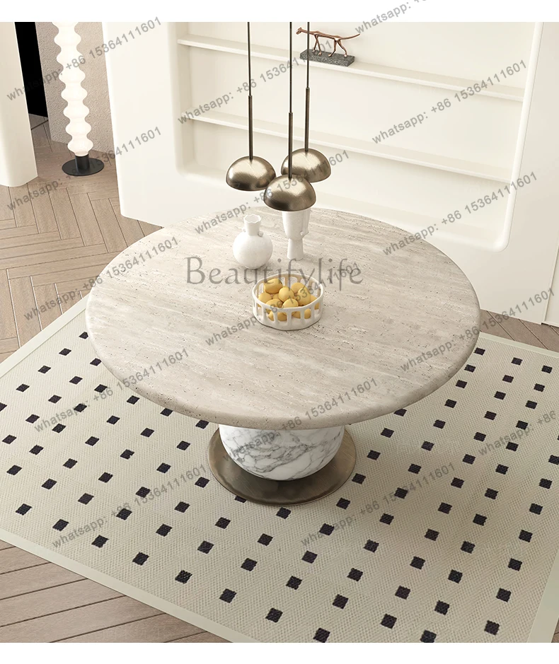 

high sense household light luxury French travertine table Medieval natural marble round dining table light luxury