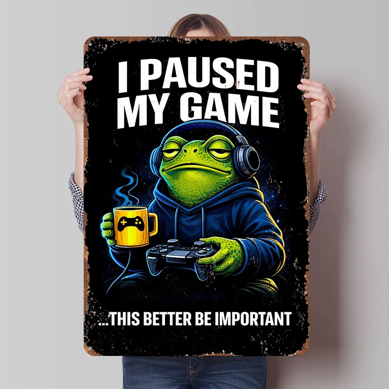 Frog Gamer Pauses Game for Coffee Tinplate Poster Customized Wall Art Retro Vintage Metal Signs for Fans Garage Decorations Home