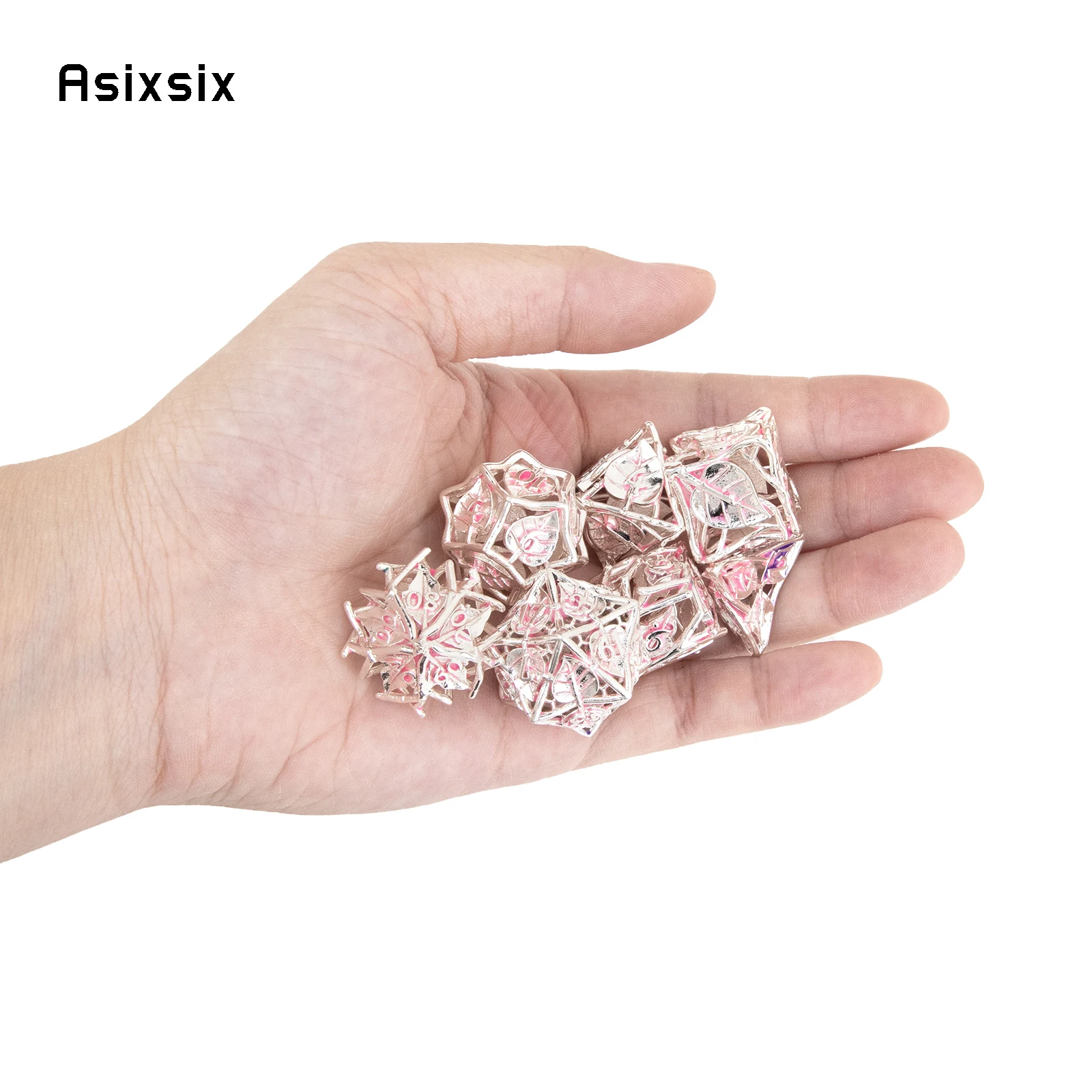 7 Pcs Pink Leaf Flower Metal Dice Hollow Metal Polyhedral Dice Set Suitable for Role-Playing RPG  Board Game Card Game