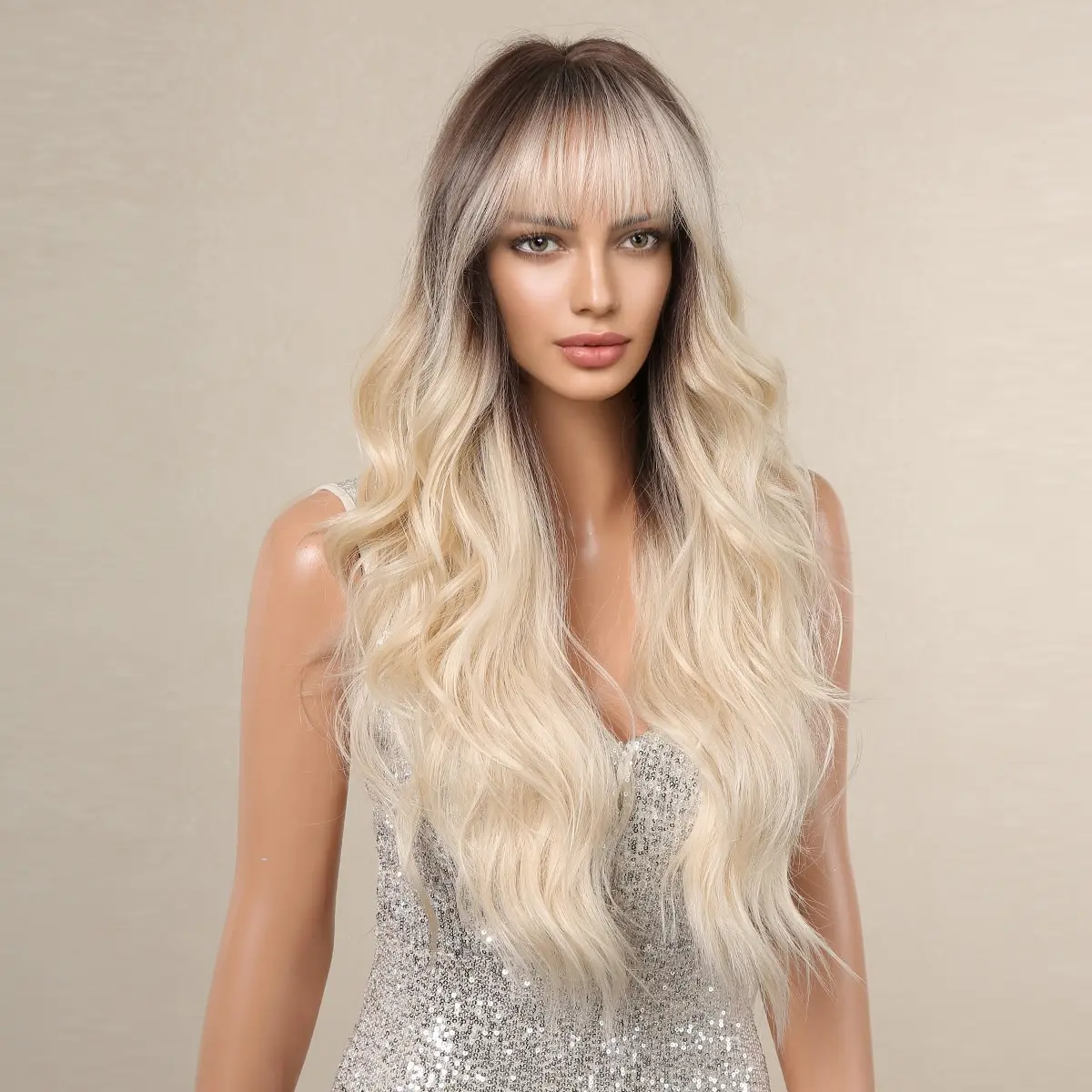 Perruque synthétique longue ondulée avec frange pour femme, cheveux bruns ombrés et blonds, perruques cosplay, degré de chaleur, utilisation 03