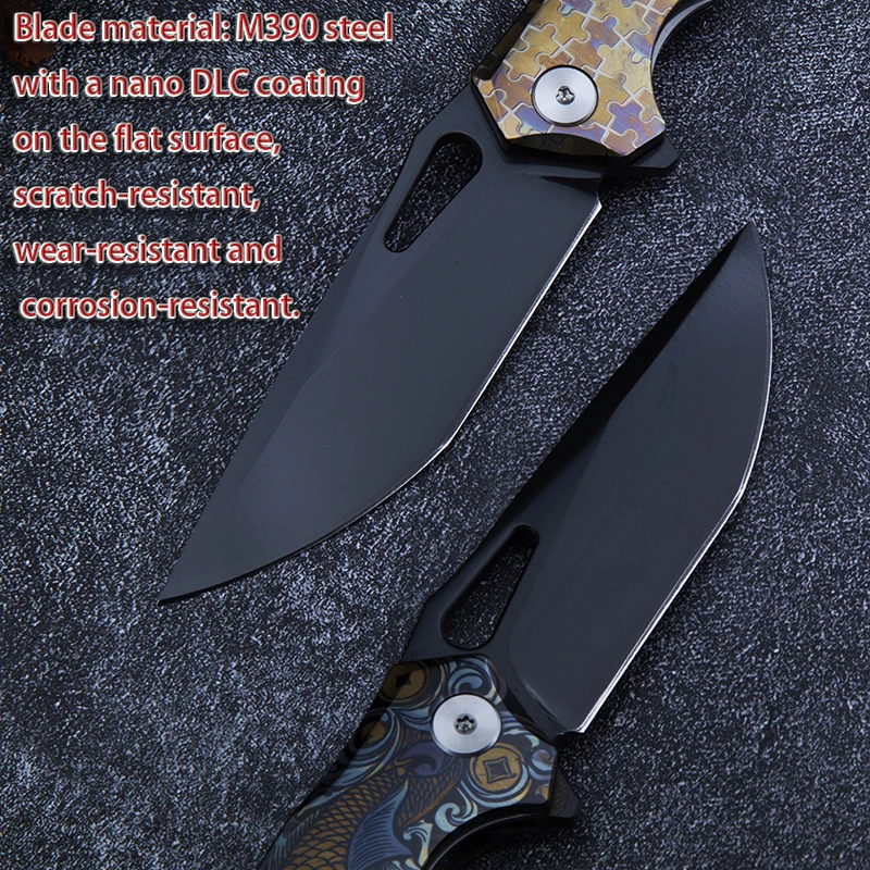 Premium M390 Titanium Folding Knife DLC Coated Blade Laser Engraved Koi Pattern Handle, Outdoor EDC Camping Collectible Gift. - view 4