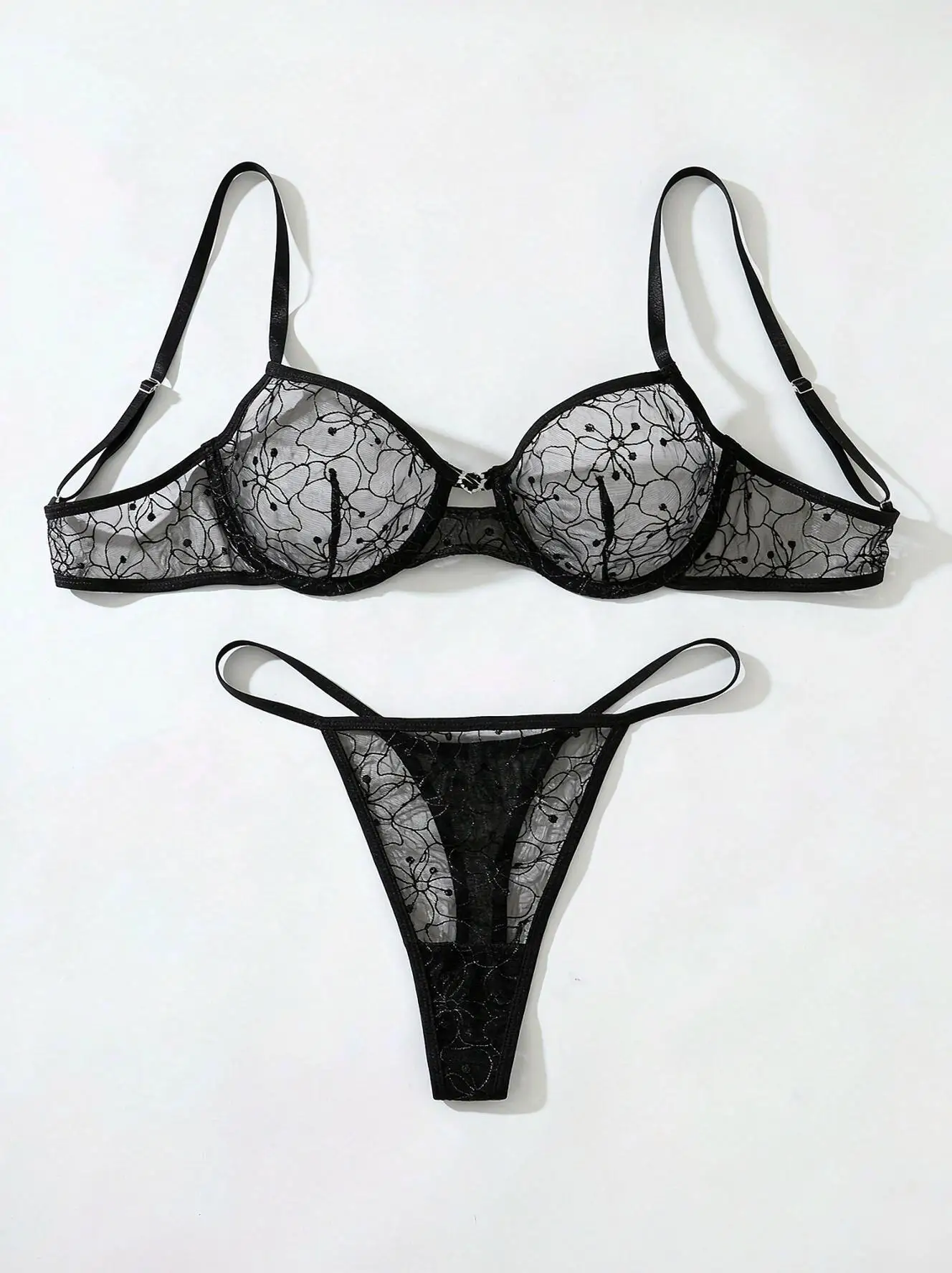 Black Floral Embroidery Lingerie Set – Sheer Mesh Bra & Thong 2-Piece