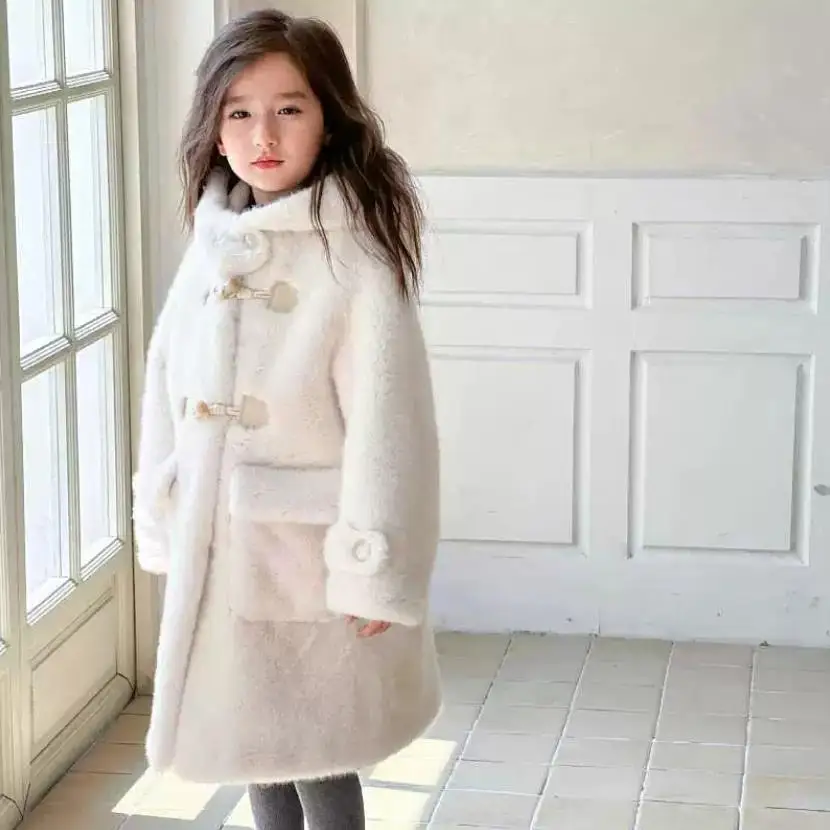 Autumn Winter New Children's Faux Fur Jacket Thicker Warm Imitation Mink Fur Fashion Horn Button Fur Coat A4215 Hooded Overcoat