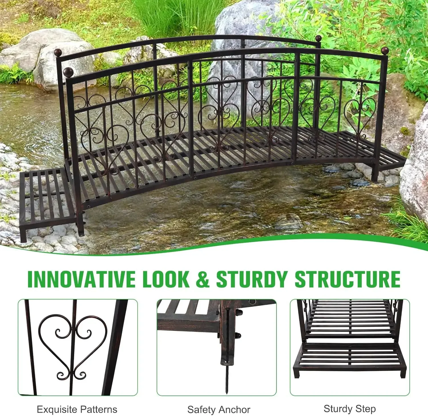 

8FT Metal Garden Bridge - Pond Bridge Decorative Footbridge with Steps and Heart-Shaped, Outdoor Decorative Yard Arch Garden