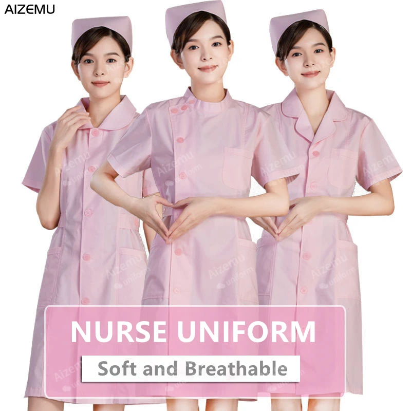 Women Pink Nursing Scrubs Jacket Scrub Uniforms Round Collar Scrub Lab Uniform Dress doctor scrubs Robe SPA Beautician Uniform