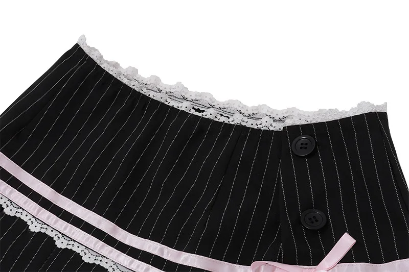 Goth Dark Harajuku Y2k Kwaii Lace Trim Mini Skirts Gothic Cutecore Bow Striped Pleated Skirt Low Waist Color Match Party Bottoms