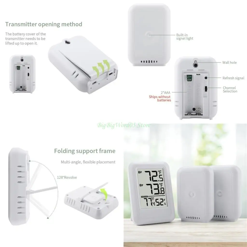 

24TE Practical Indoor Outdoor Thermometers Wireless Battery Powered Temperature Humidity Monitor Gauge with 2 Sensors