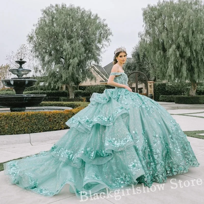 Vestidos de baile de princesa elegantes para quinceañera, un hombro, verde menta, apliques de cristal, cuentas, volantes, vestidos de fiesta