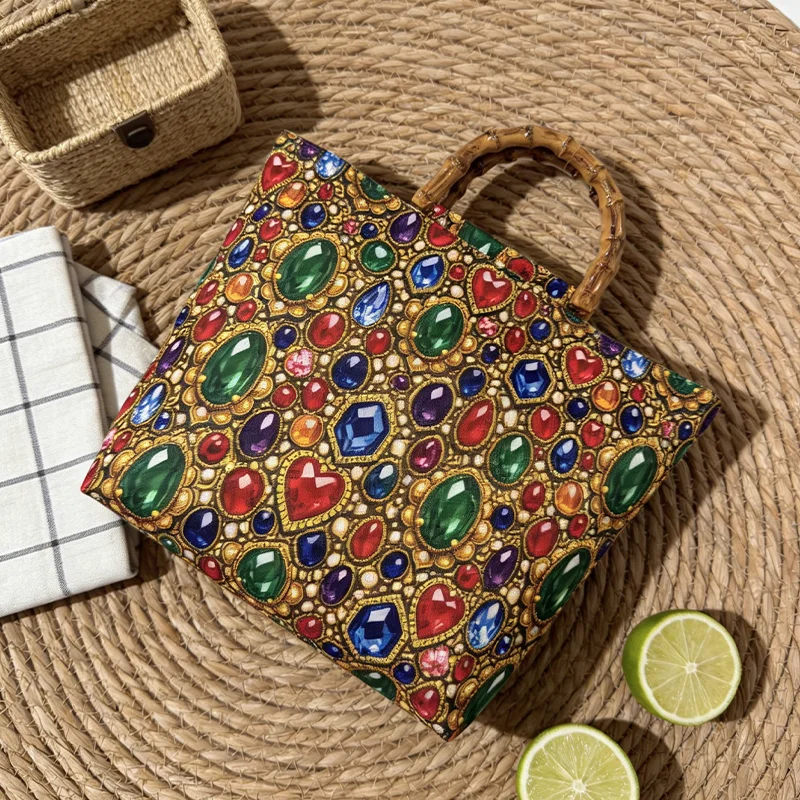 2D Damen Vintage Einkaufstasche mit Edelstein-Print und Großer Kapazität, mit Imitations-Bambusgriff, Leichte Luxus-Handtasche – Detail 2